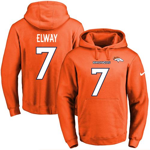 Nike Broncos #7 John Elway Orange Name & Number Pullover NFL Hoodie - Click Image to Close